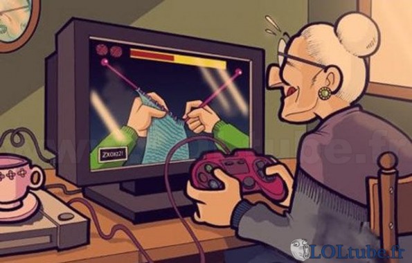 Mamie devant un jeu vidéo